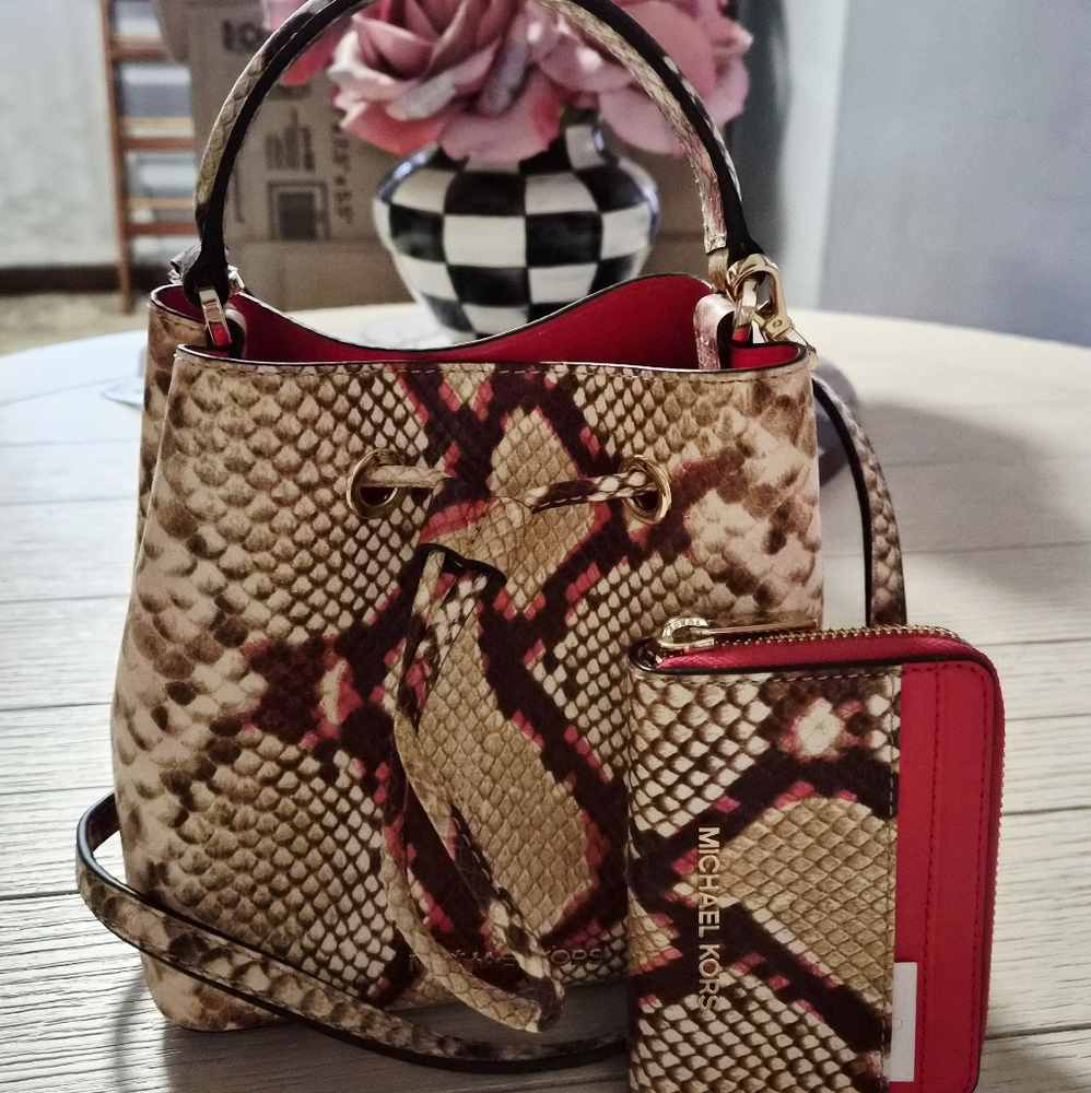 Michael Kors Red and Brown Snake Print Shoulder Bag and Wallet Small Size!